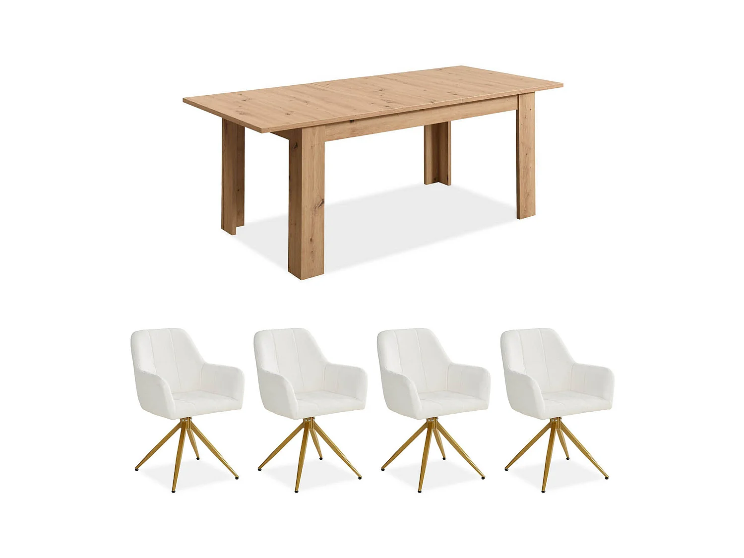 Table à manger 160x90x76 cm bois chêne naturel moderne avec 4 chaises beige bouclé