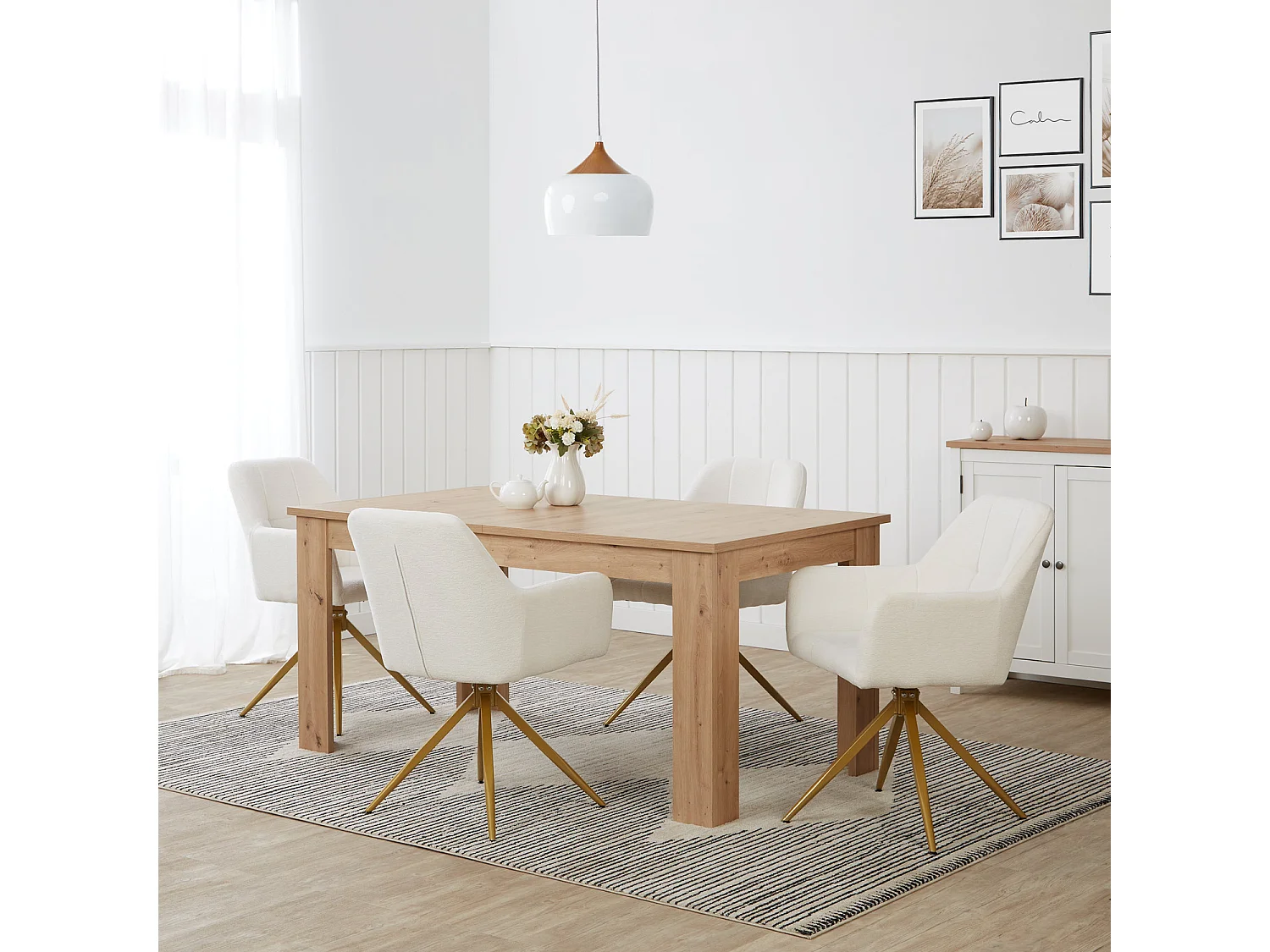 Table à manger 160x90x76 cm bois chêne naturel moderne avec 4 chaises beige bouclé