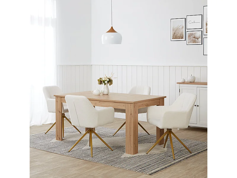 Table à manger 160x90x76 cm bois chêne naturel moderne avec 4 chaises beige bouclé