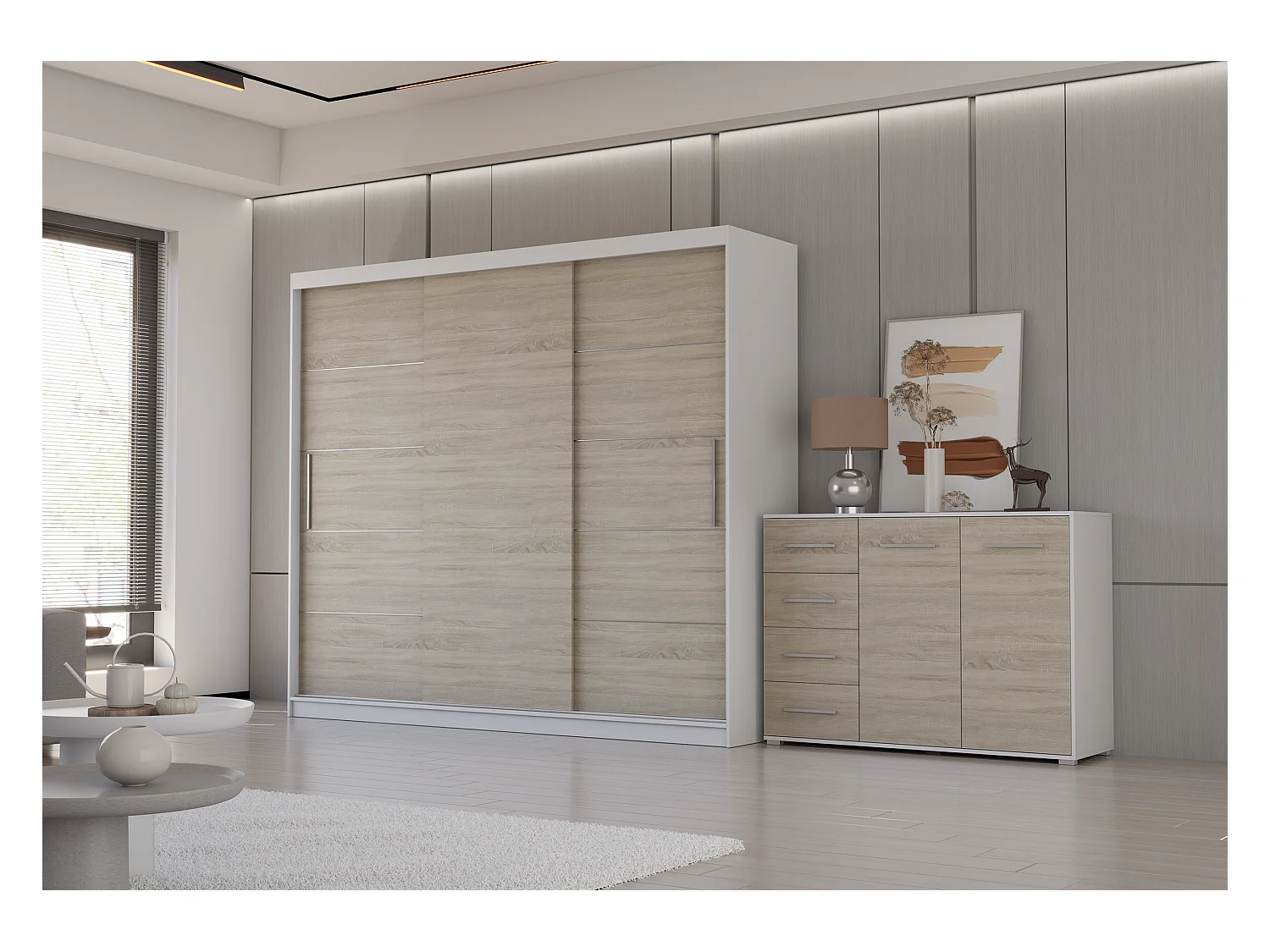 Ensemble armoire Thalia et commode Ilario - Blanc - Chêne