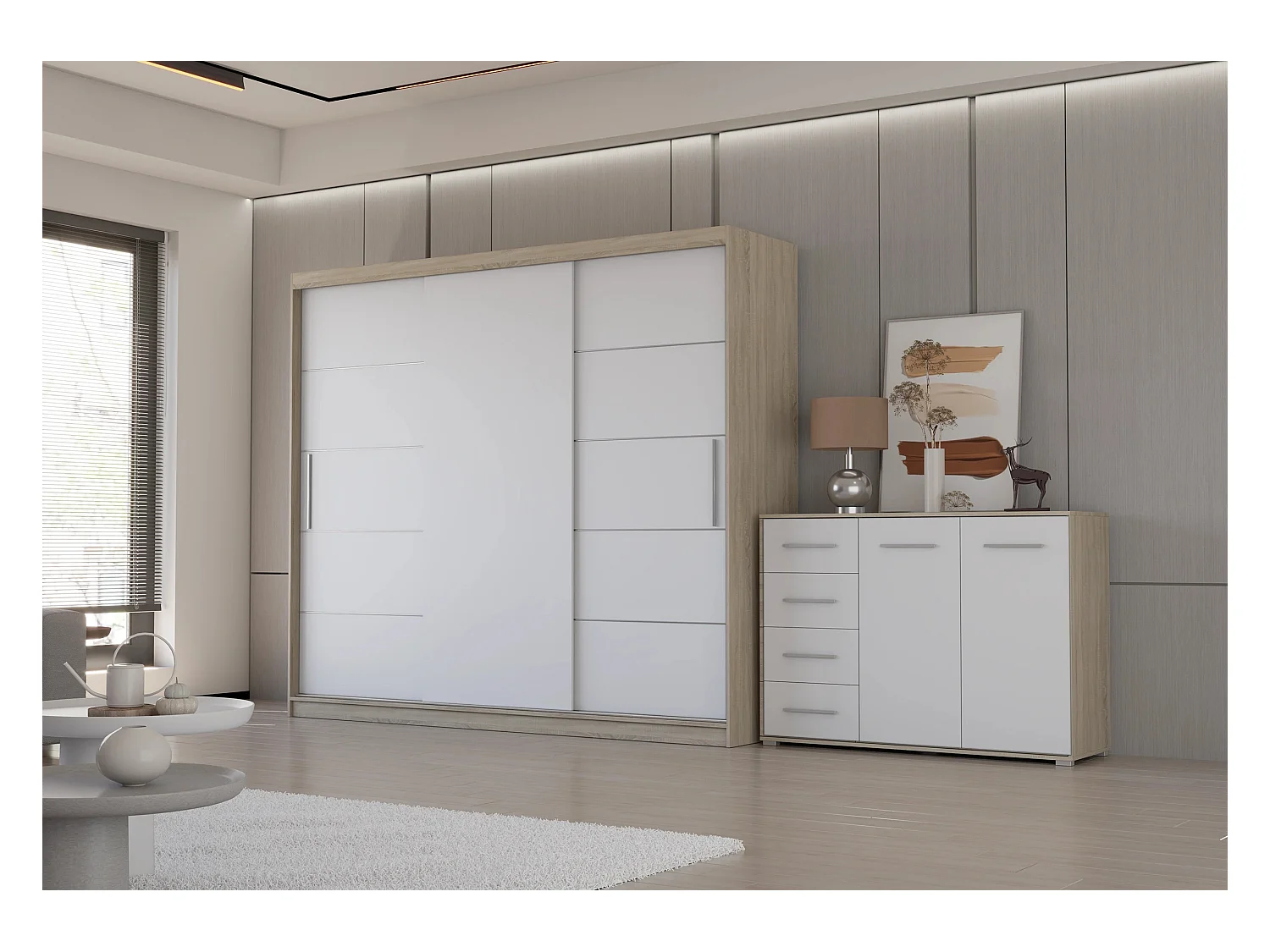 Ensemble armoire Thalia et commode Ilario - Chêne - Blanc