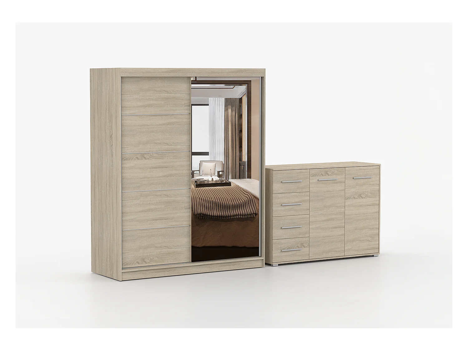 Ensemble armoire Ondine et commode Ilario avec miroir - Chêne