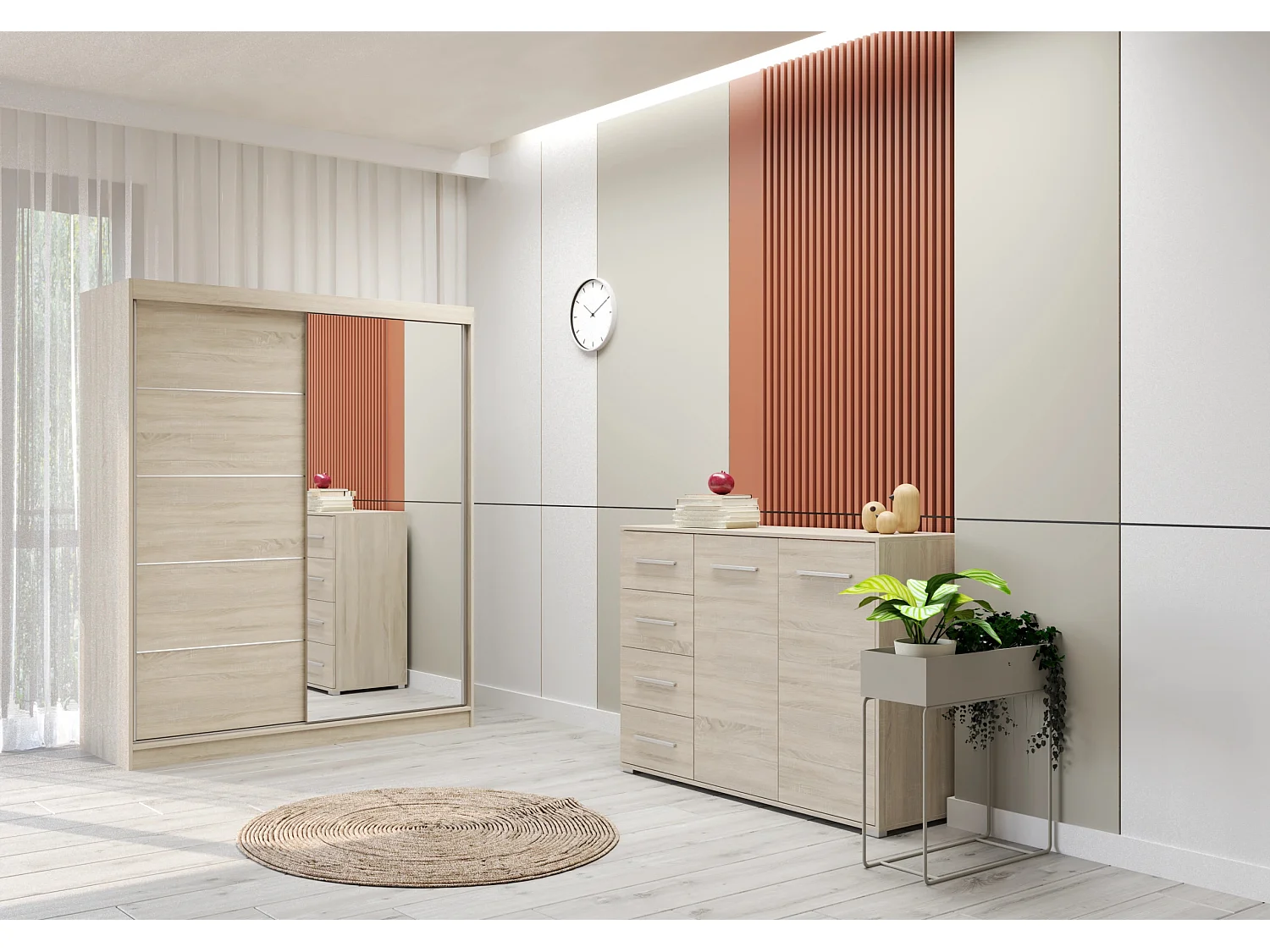 Ensemble armoire Ondine et commode Ilario avec miroir - Chêne