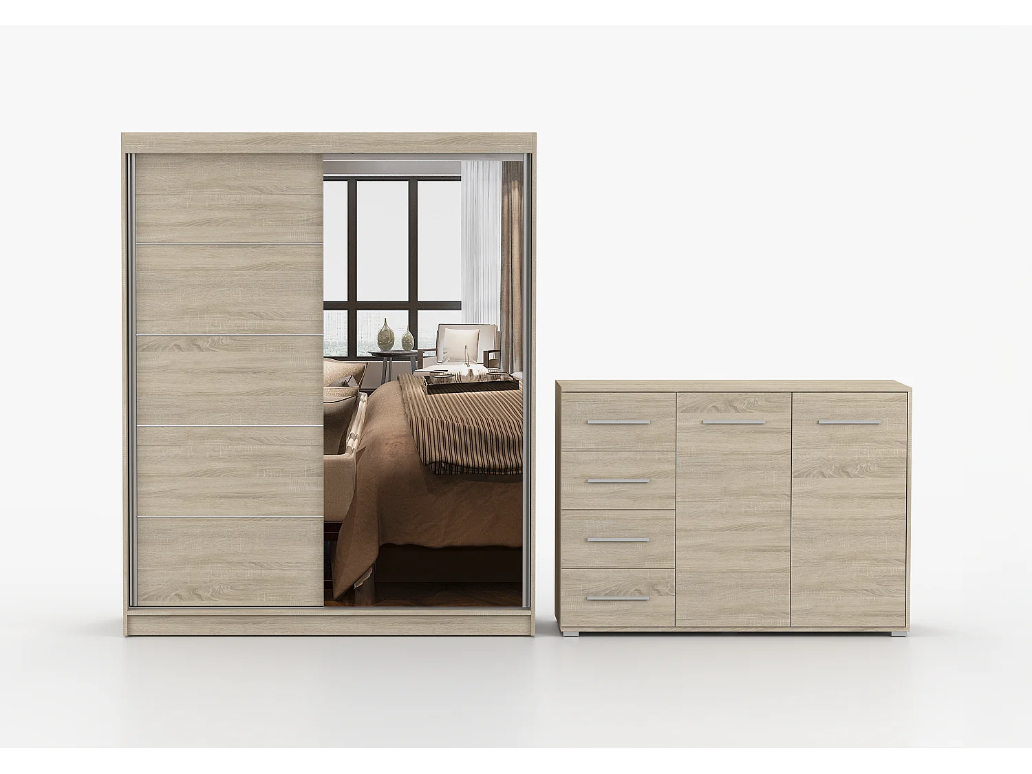 Ensemble armoire Ondine et commode Ilario avec miroir - Chêne