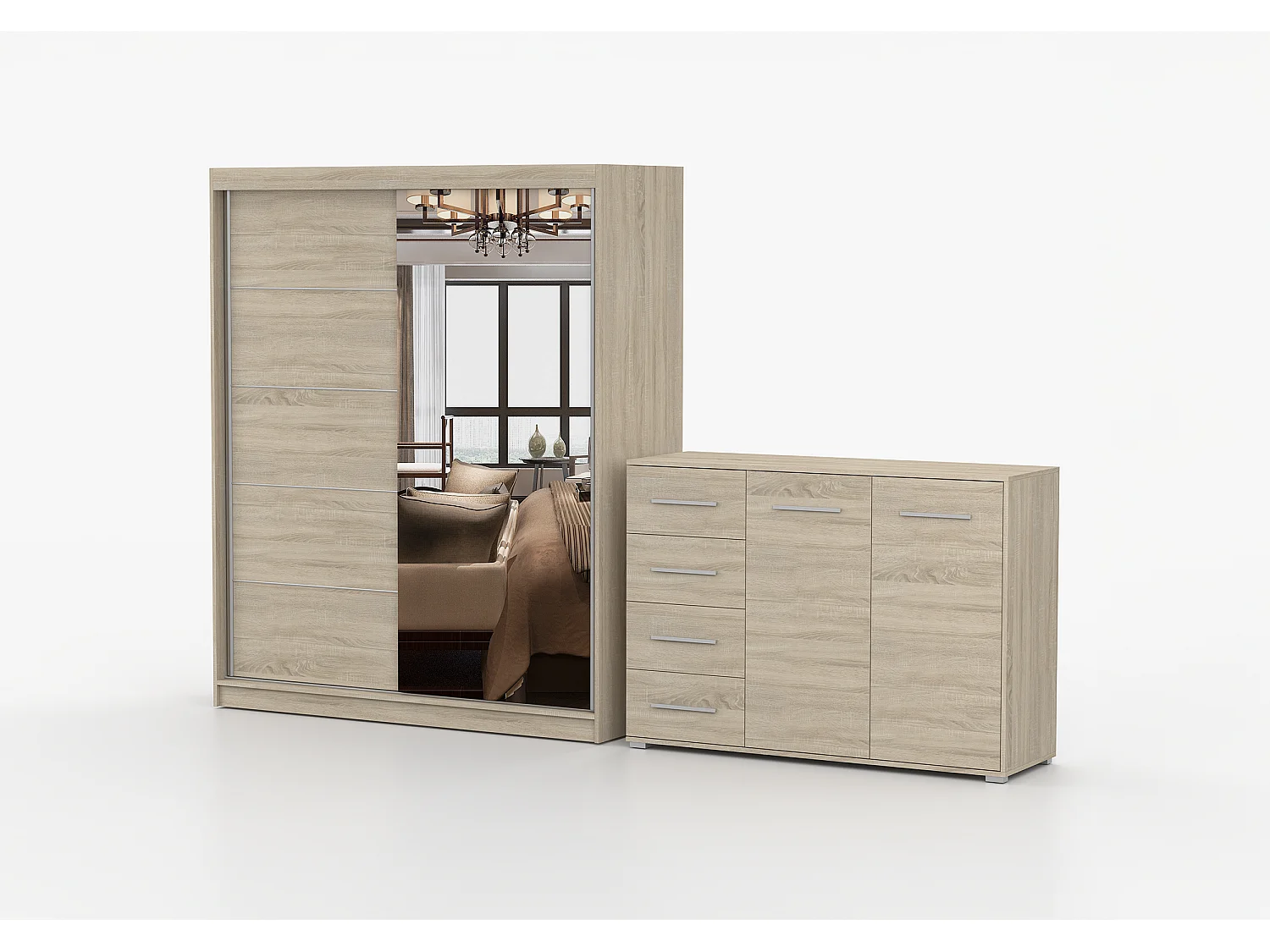 Ensemble armoire Ondine et commode Ilario avec miroir - Chêne