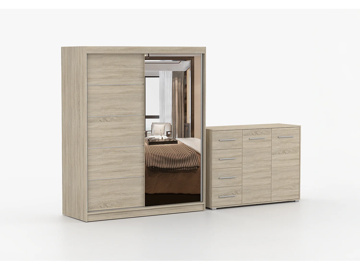 Ensemble armoire Ondine et commode Ilario avec miroir - Chêne