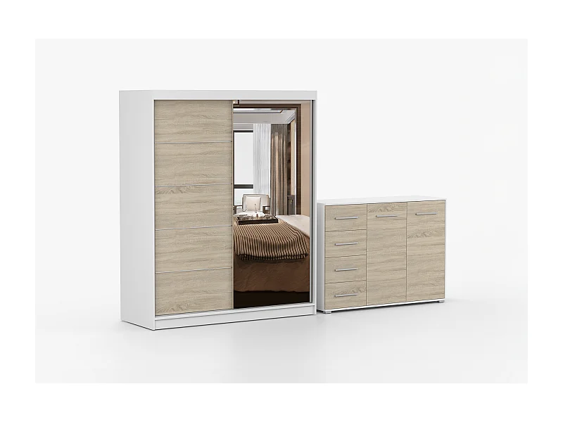 Ensemble armoire Ondine et commode Ilario avec miroir - Blanc - Chêne