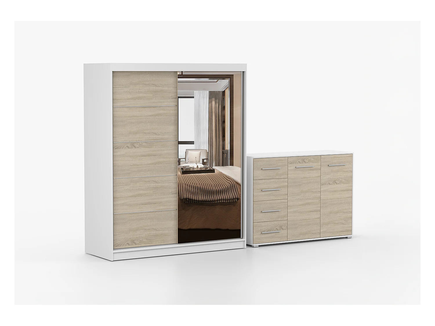 Ensemble armoire Ondine et commode Ilario avec miroir - Blanc - Chêne