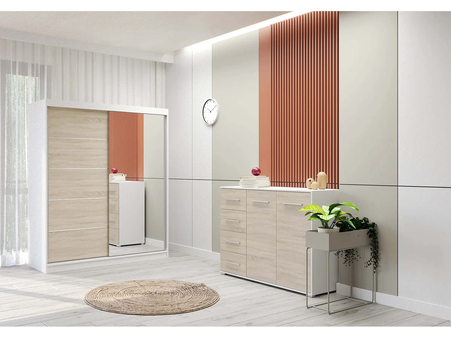 Ensemble armoire Ondine et commode Ilario avec miroir - Blanc - Chêne