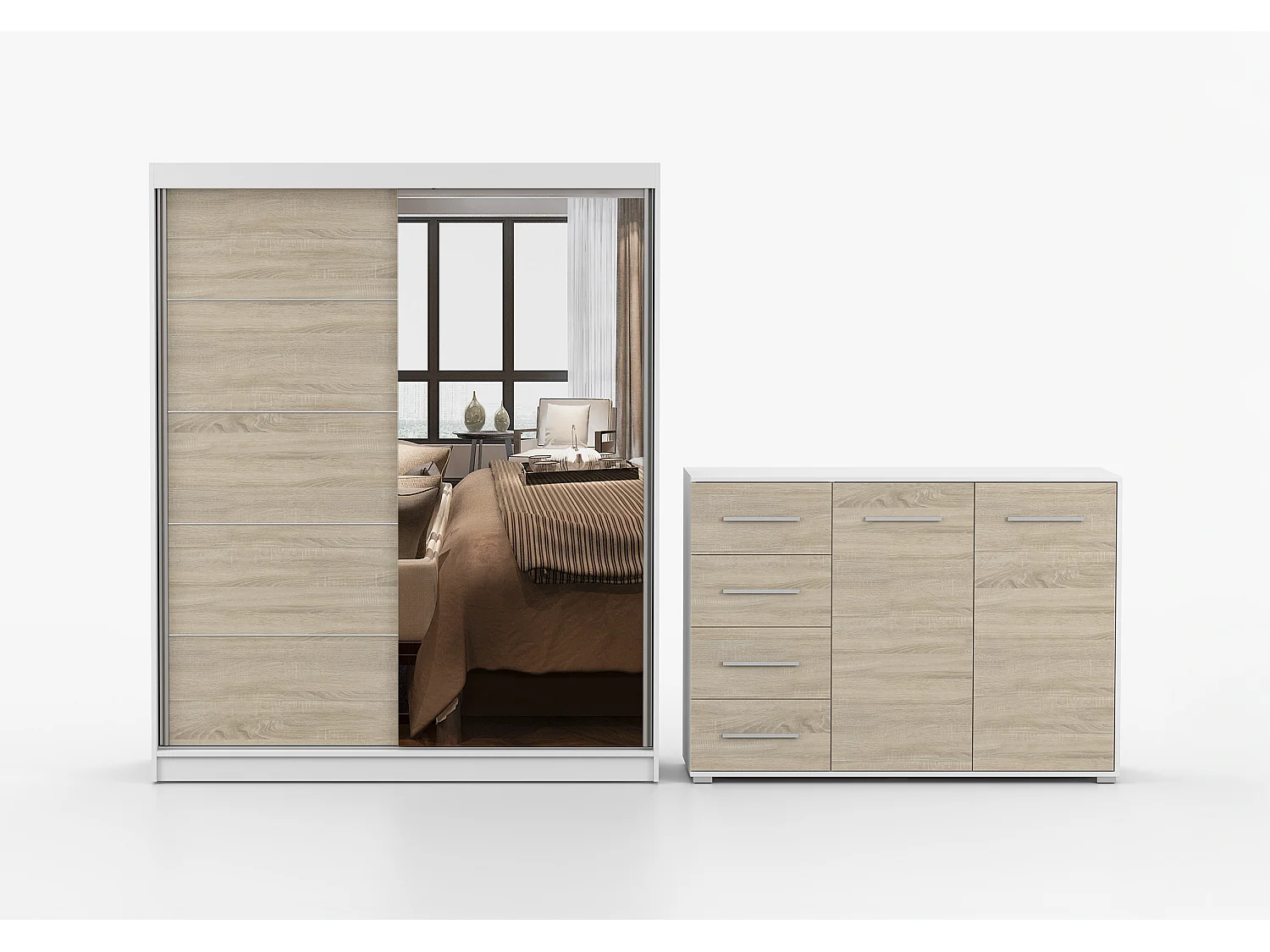 Ensemble armoire Ondine et commode Ilario avec miroir - Blanc - Chêne