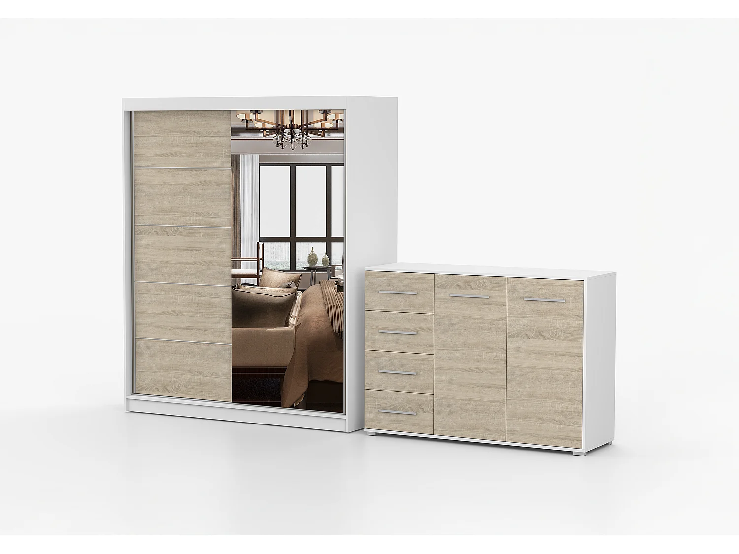 Ensemble armoire Ondine et commode Ilario avec miroir - Blanc - Chêne