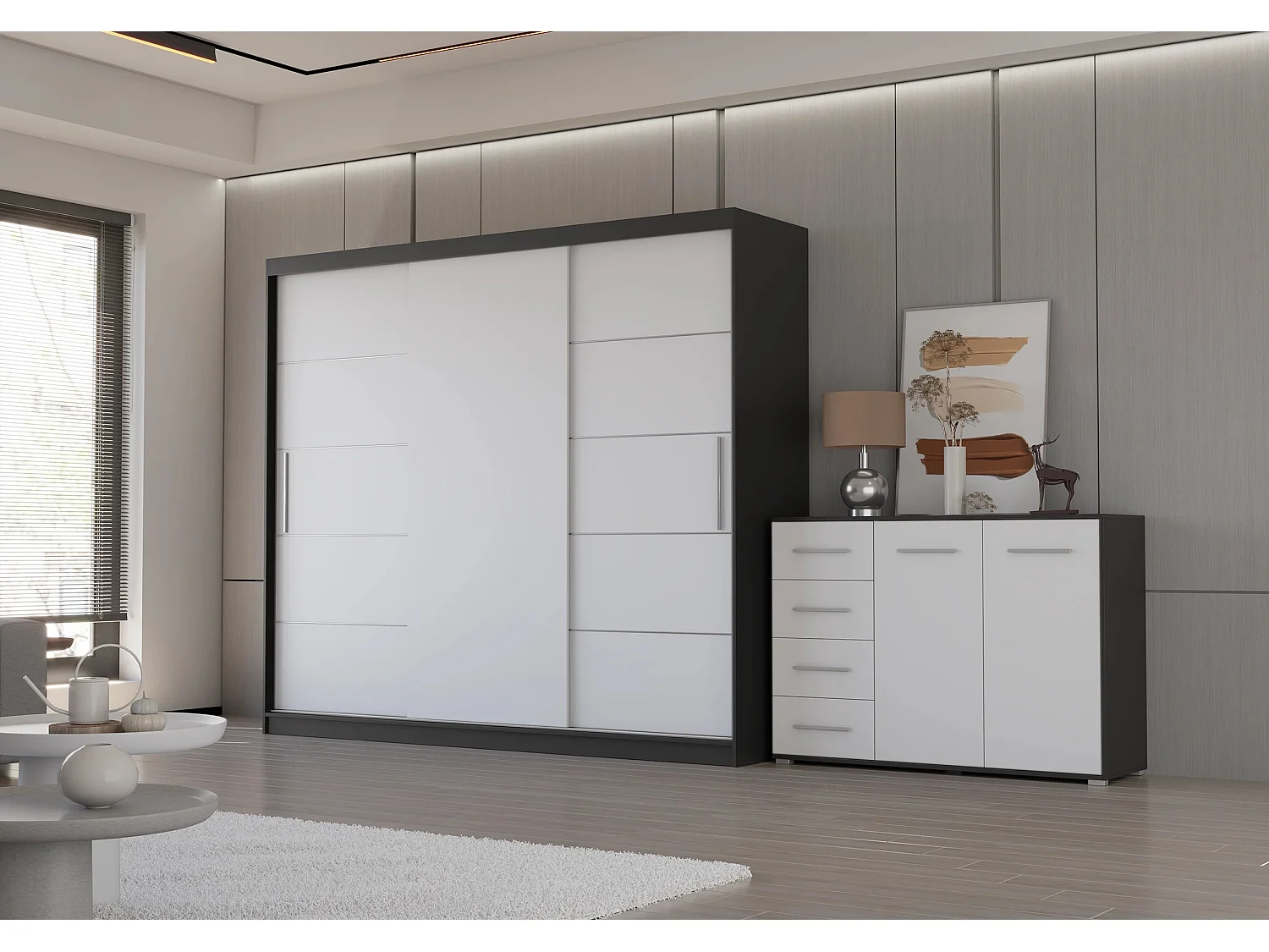 Ensemble armoire Thalia et commode Ilario - Noir - Blanc