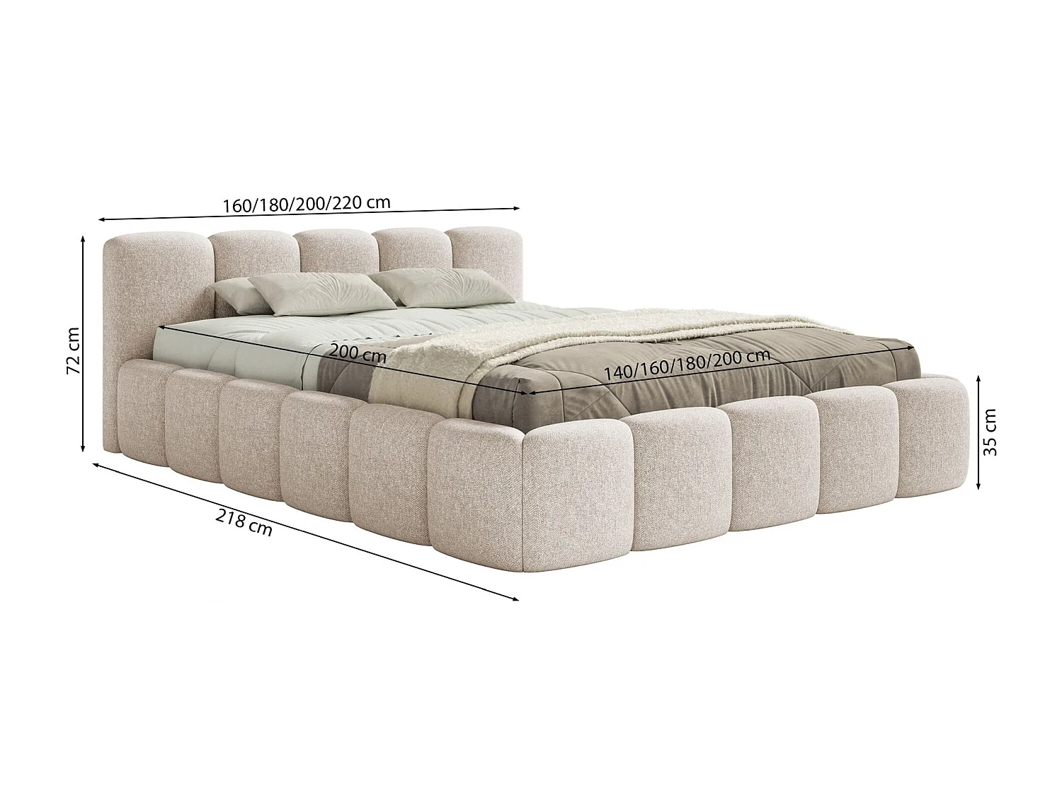 Opbergbed 200x200 cm – met lattenbodem – chenille – lichtbeige – CLOUDY LOW