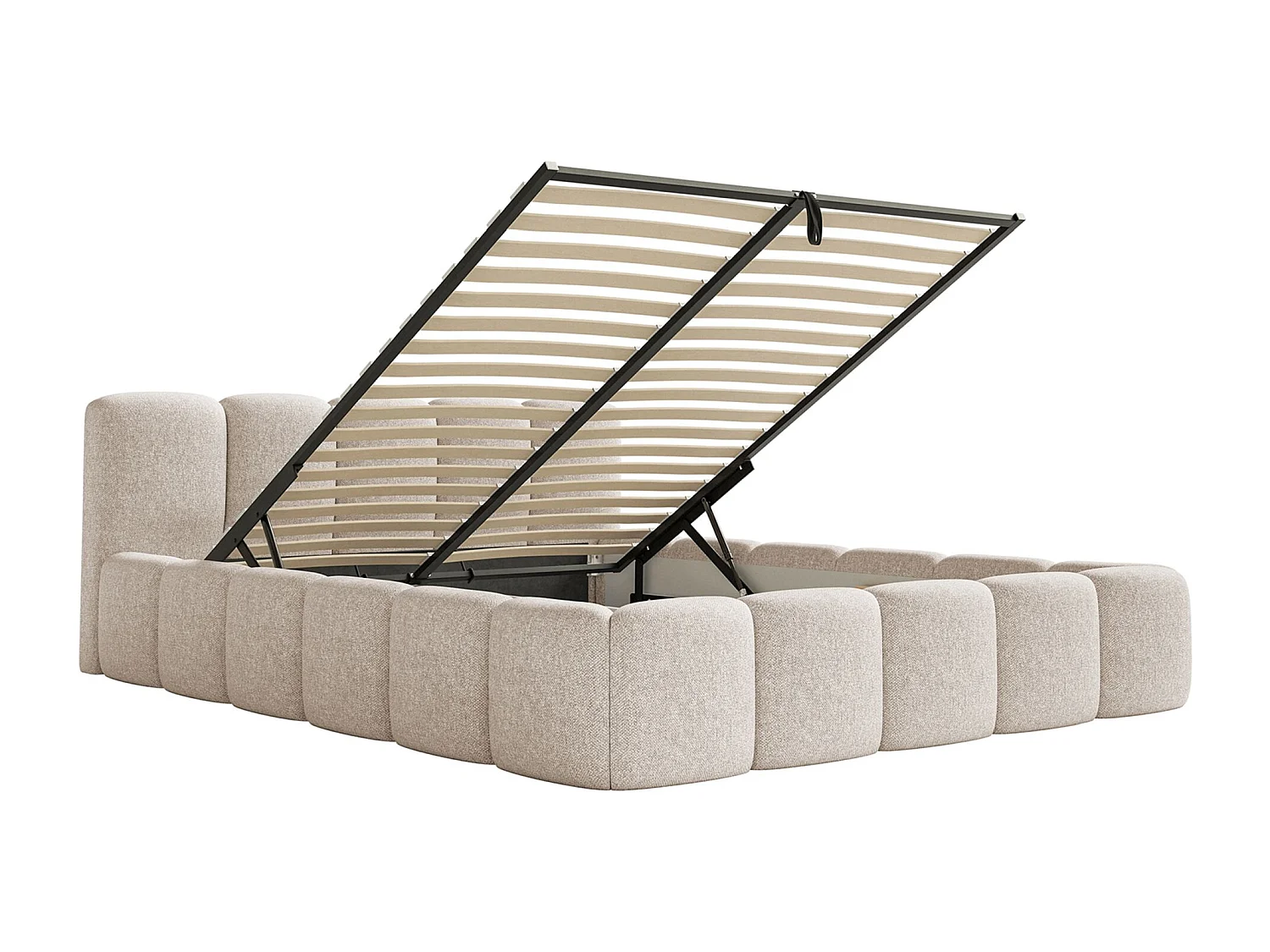 Lit coffre 200x200 avec coffre – sommier à lattes – chenille hydrophobe – beige clair – CLOUDY LOW