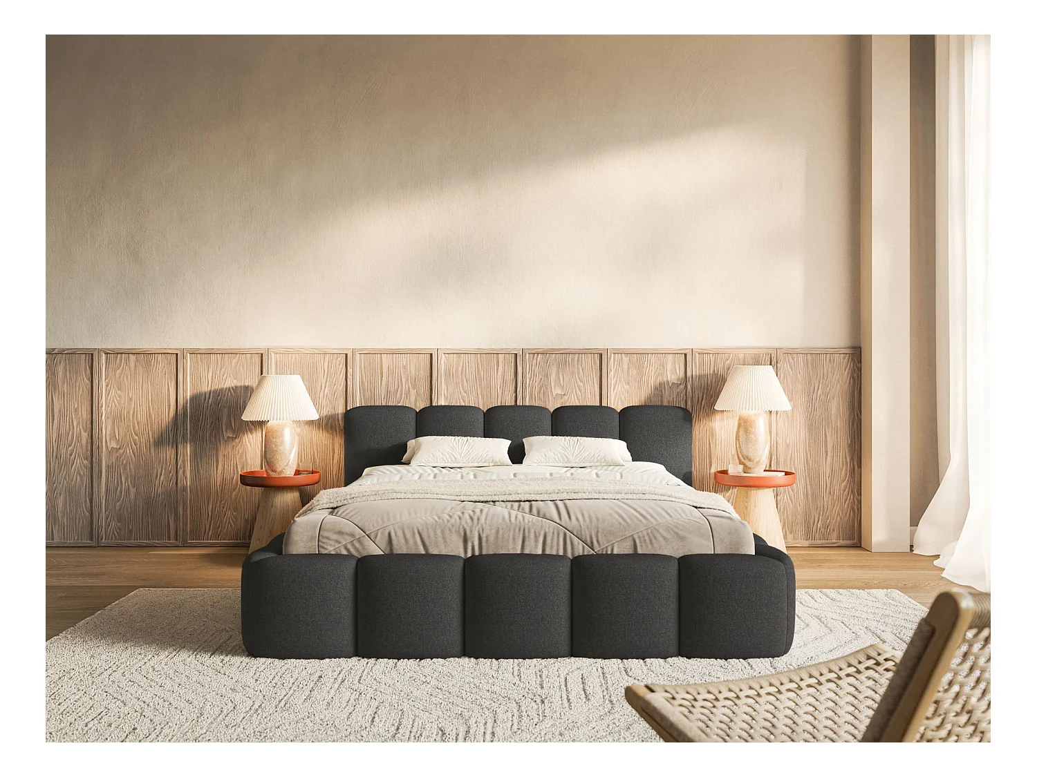 Opbergbed 140x200 cm – met lattenbodem – chenille – grafietgrijs – CLOUDY LOW