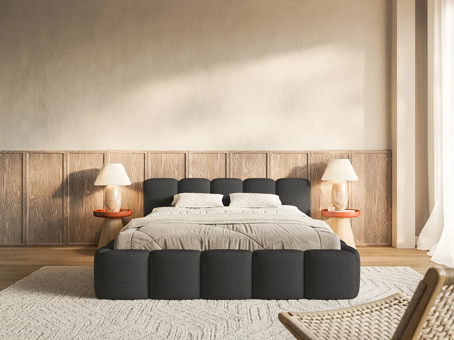 Lit coffre 140x200 avec coffre – sommier à lattes – chenille hydrophobe – gris graphite – CLOUDY LOW