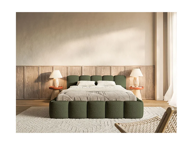 Lit coffre 180x200 avec coffre – sommier à lattes – chenille hydrophobe – vert olive – CLOUDY LOW