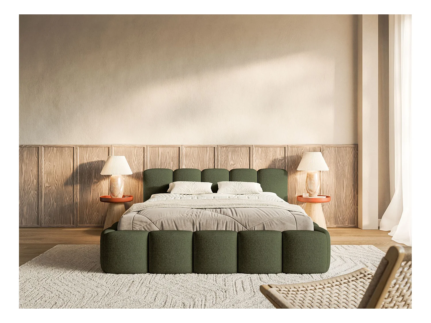 Opbergbed 140x200 cm – met lattenbodem – chenille – olijfgroen – CLOUDY LOW