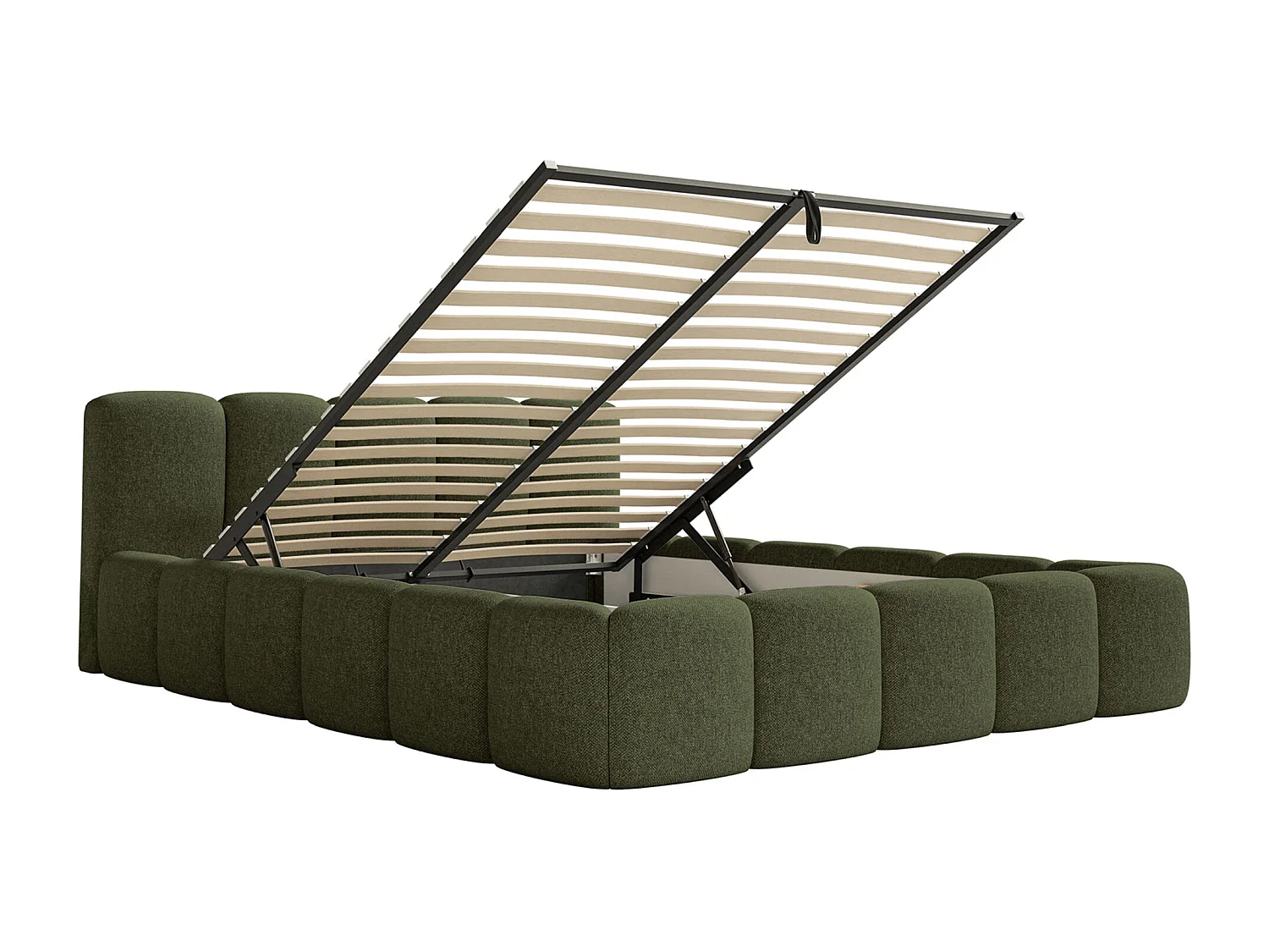 Lit coffre 140x200 avec coffre – sommier à lattes – chenille hydrophobe – vert olive – CLOUDY LOW