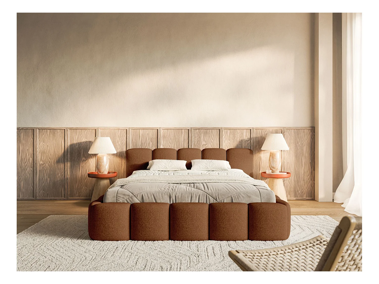 Opbergbed 160x200 cm – met lattenbodem – chenille – koper – CLOUDY LOW