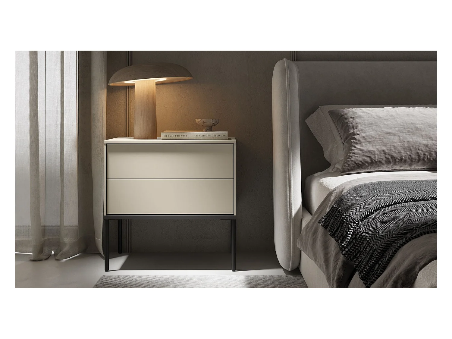 Table de chevet avec deux tiroirs – 56 cm – crème – BELLEZO