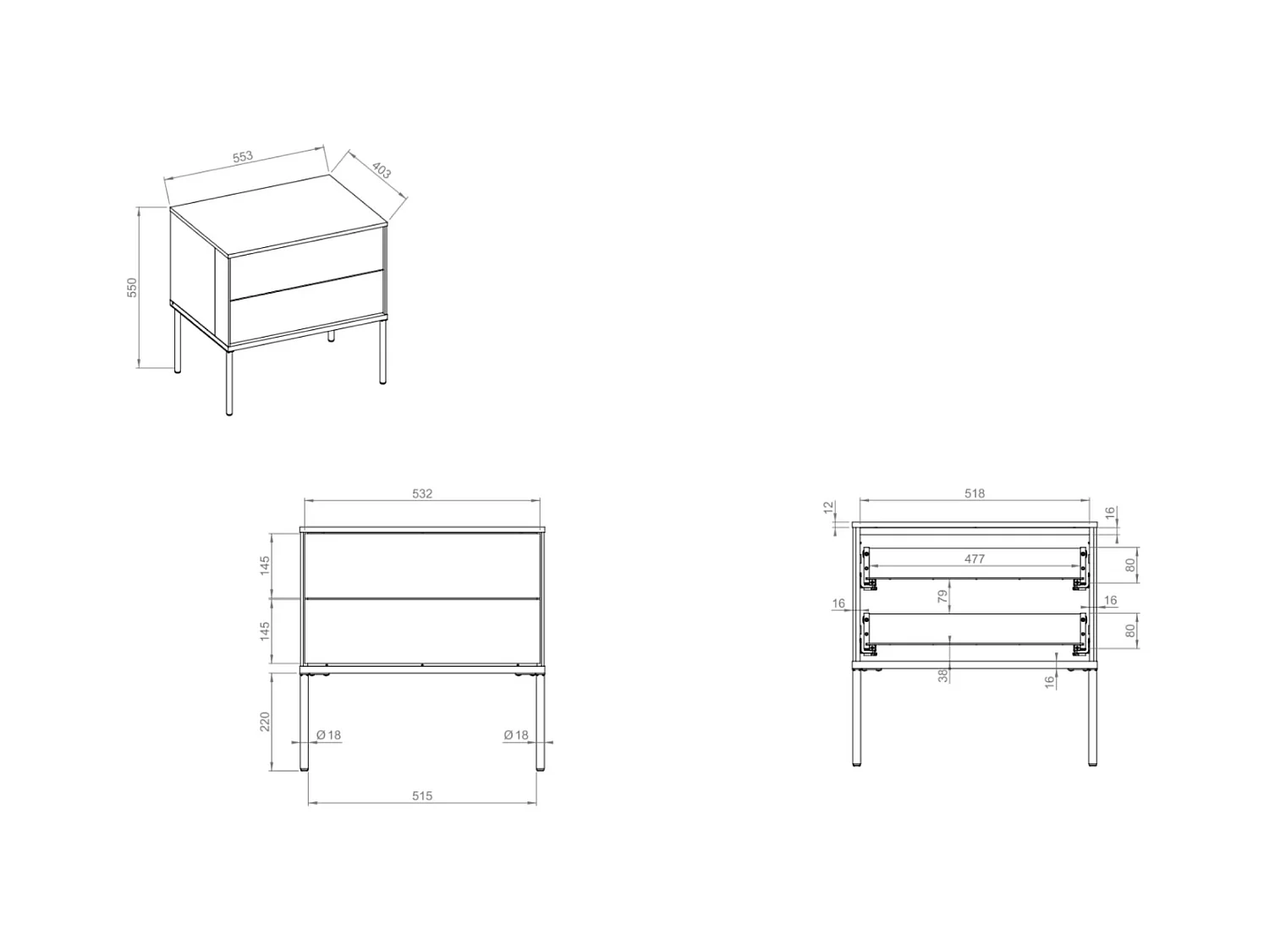 Table de chevet avec deux tiroirs – 56 cm – crème – BELLEZO
