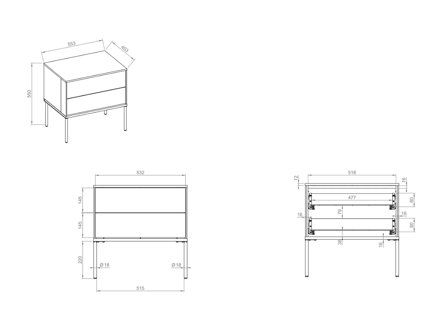 Table de chevet avec deux tiroirs – 56 cm – crème – BELLEZO