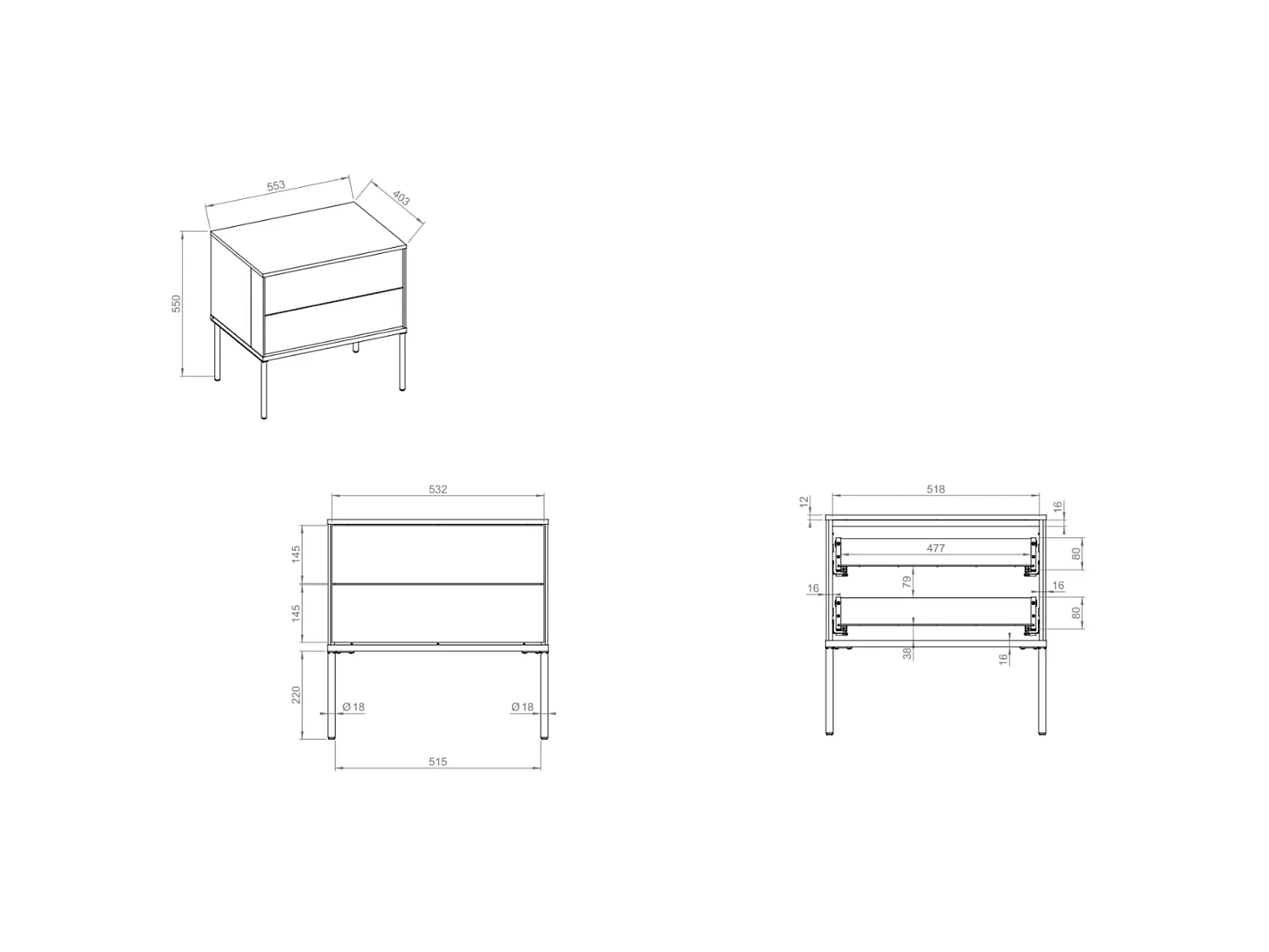 Table de chevet avec deux tiroirs – 56 cm – crème – BELLEZO