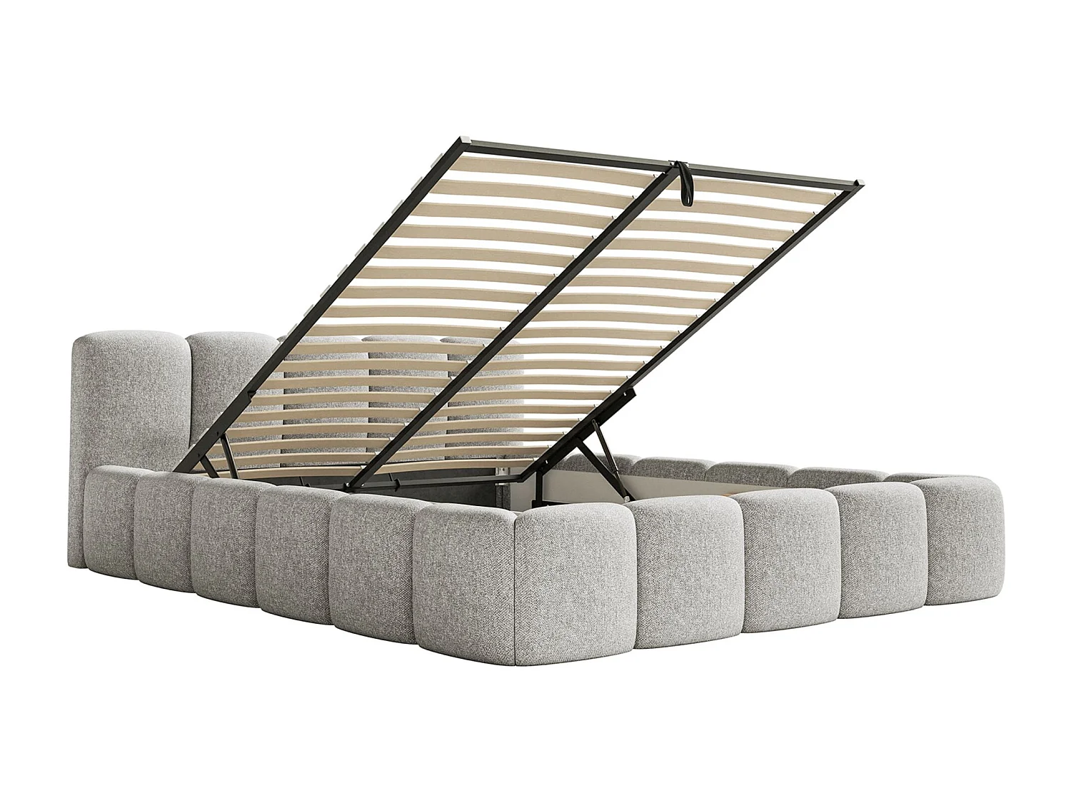 Lit coffre 140x200 avec coffre – sommier à lattes – chenille hydrophobe – gris clair – CLOUDY LOW