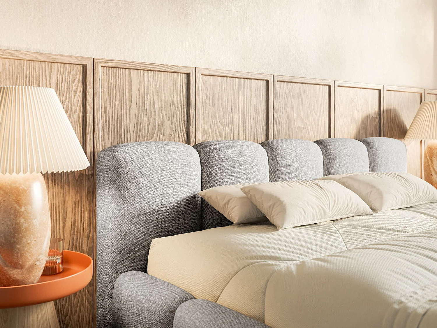 Lit coffre 140x200 avec coffre – sommier à lattes – chenille hydrophobe – gris clair – CLOUDY LOW