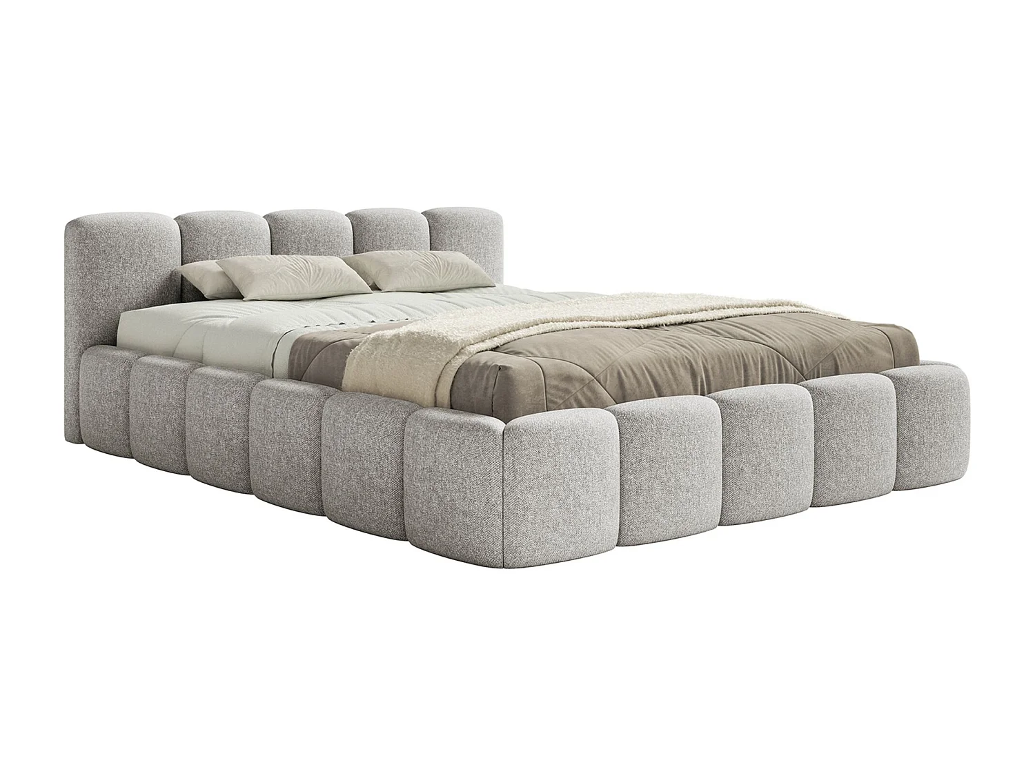 Lit coffre 140x200 avec coffre – sommier à lattes – chenille hydrophobe – gris clair – CLOUDY LOW