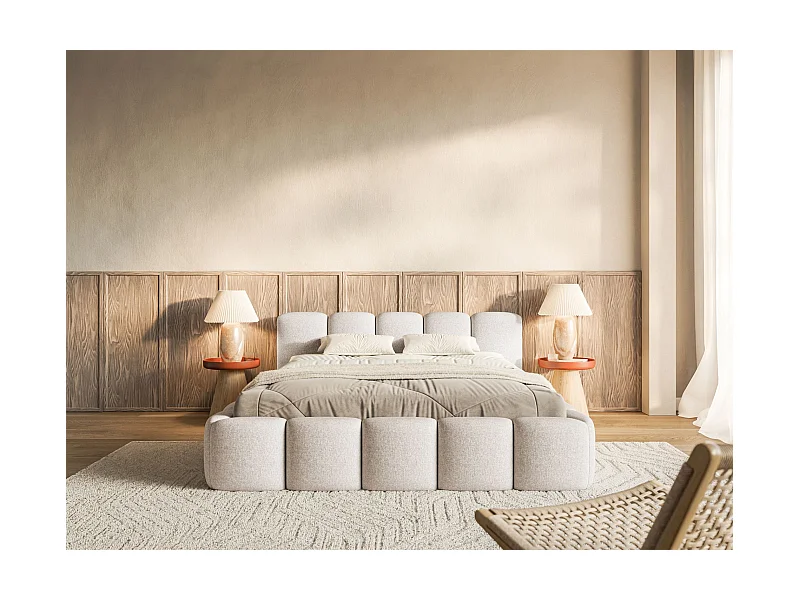 Lit coffre 160x200 avec coffre – sommier à lattes – chenille hydrophobe – beige clair – CLOUDY LOW