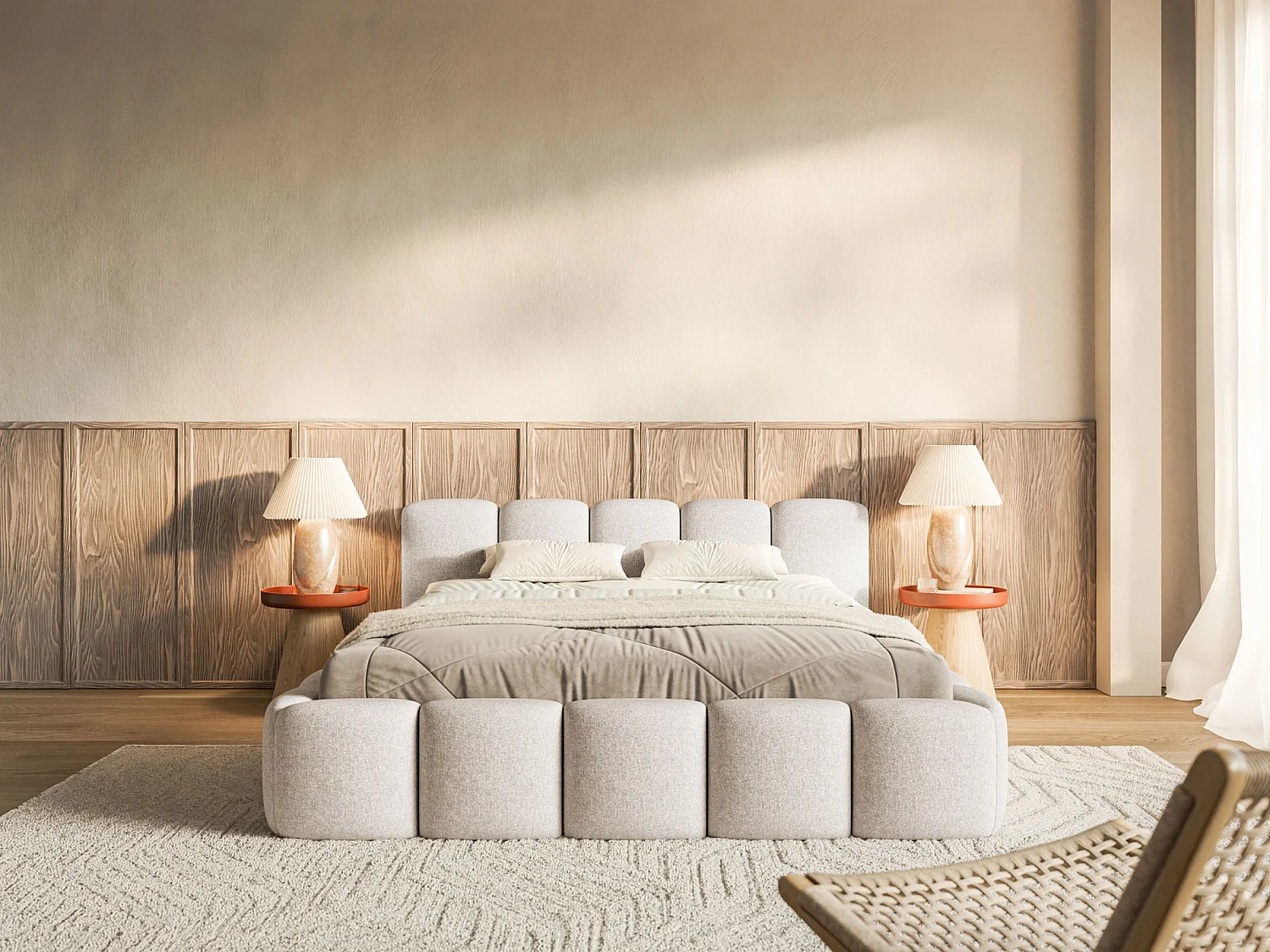 Lit coffre 160x200 avec coffre – sommier à lattes – chenille hydrophobe – beige clair – CLOUDY LOW