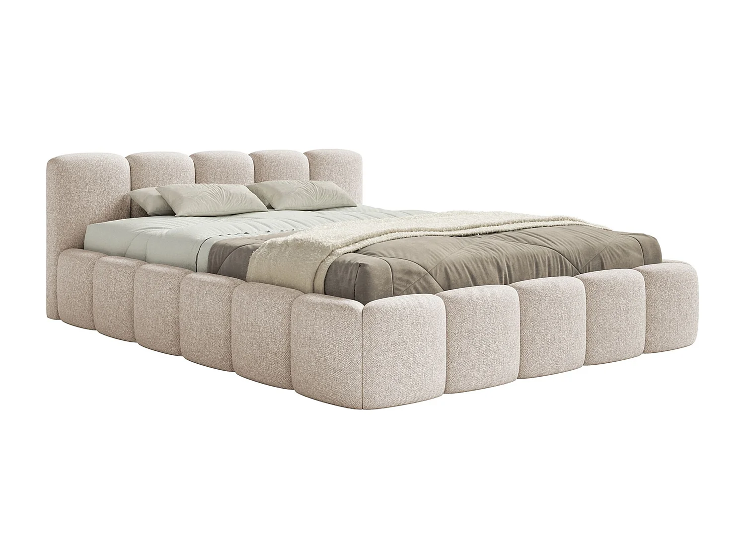 Lit coffre 160x200 avec coffre – sommier à lattes – chenille hydrophobe – beige clair – CLOUDY LOW