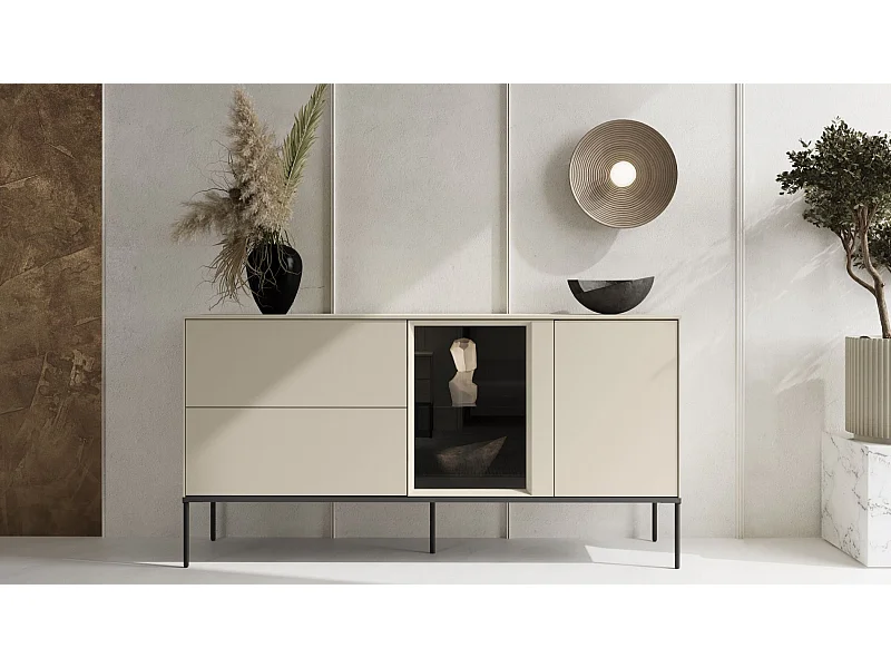Buffet 1 porte vitrée avec éclairage LED et 2 tiroirs – crème – 166 cm – BELLEZO