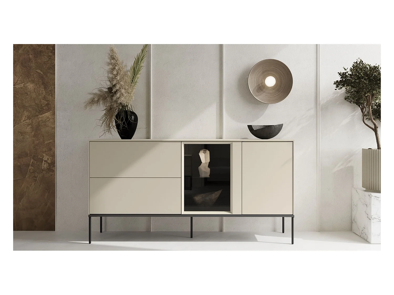 Buffet 1 porte vitrée avec éclairage LED et 2 tiroirs – crème – 166 cm – BELLEZO