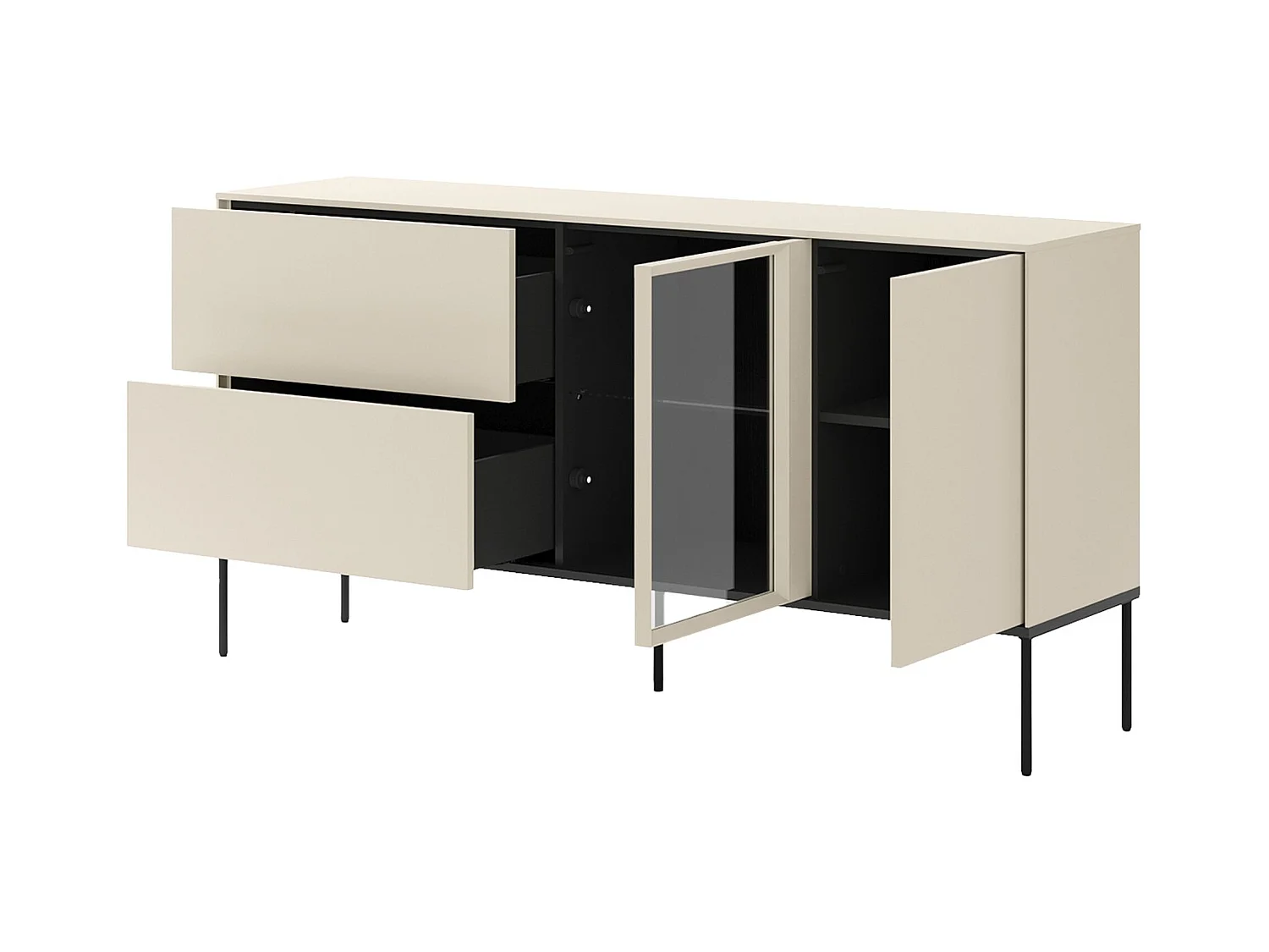 Buffet 1 porte vitrée avec éclairage LED et 2 tiroirs – crème – 166 cm – BELLEZO