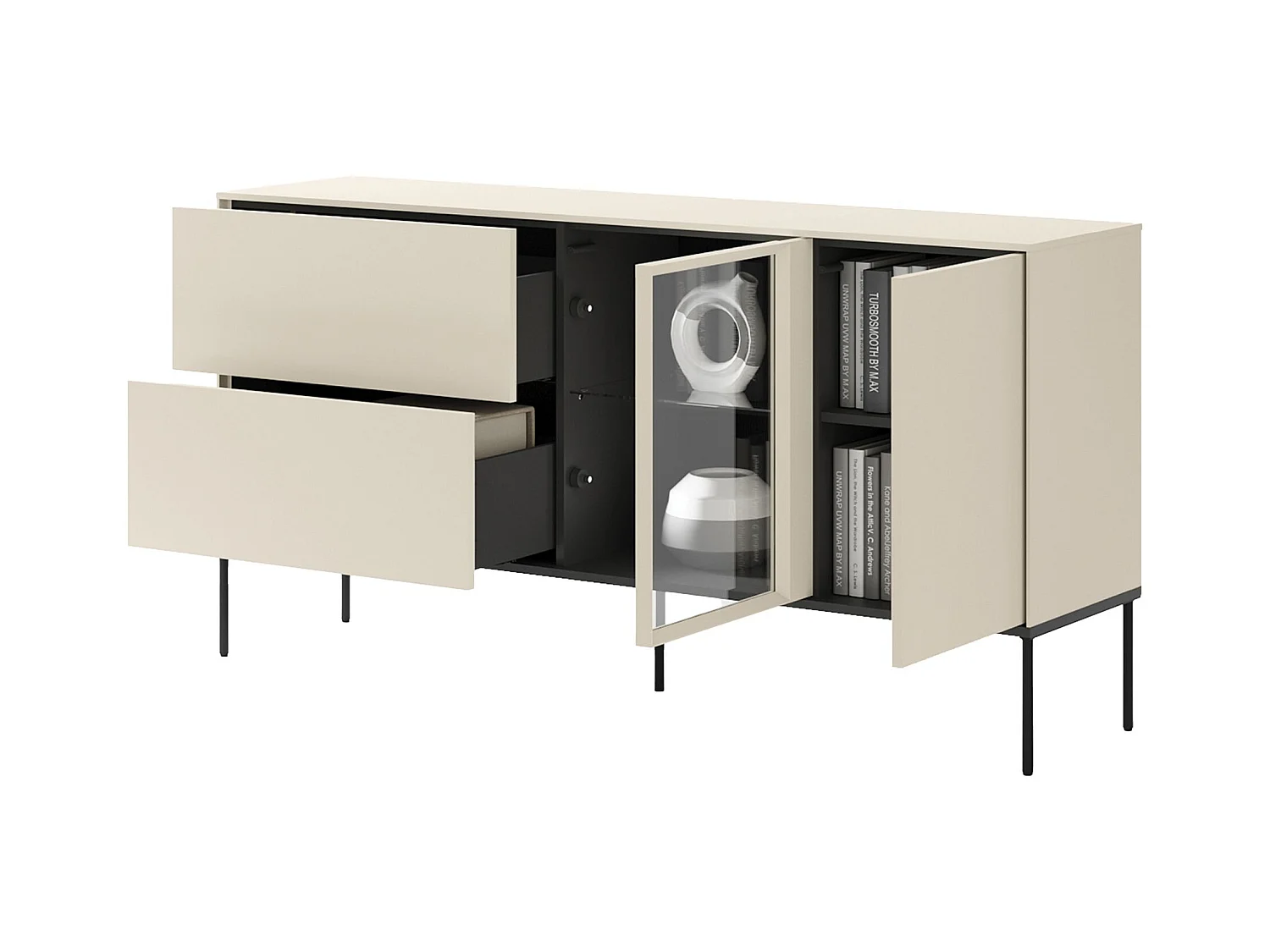 Buffet 1 porte vitrée avec éclairage LED et 2 tiroirs – crème – 166 cm – BELLEZO