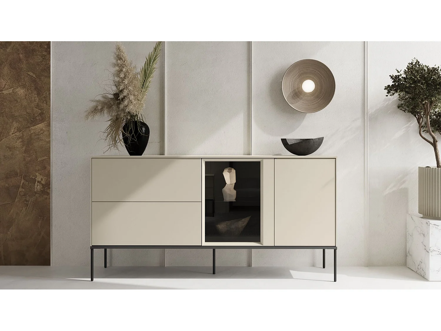 Buffet 1 porte vitrée avec éclairage LED et 2 tiroirs – crème – 166 cm – BELLEZO