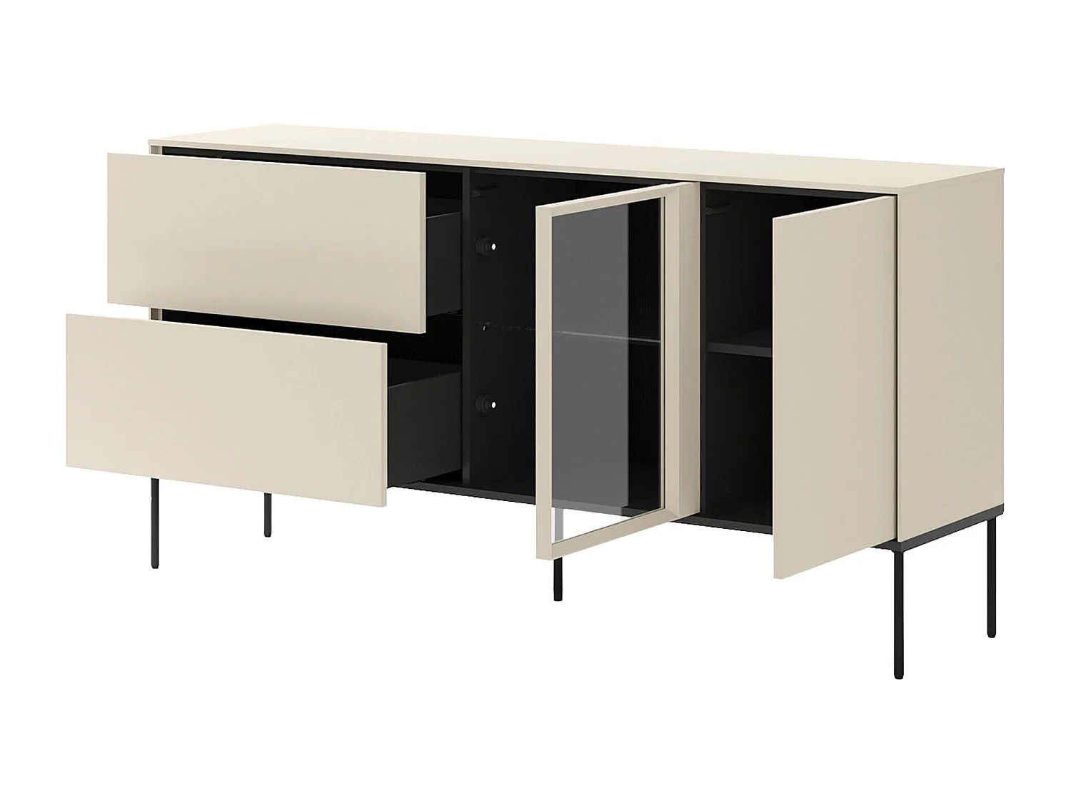 Buffet 1 porte vitrée avec éclairage LED et 2 tiroirs – crème – 166 cm – BELLEZO