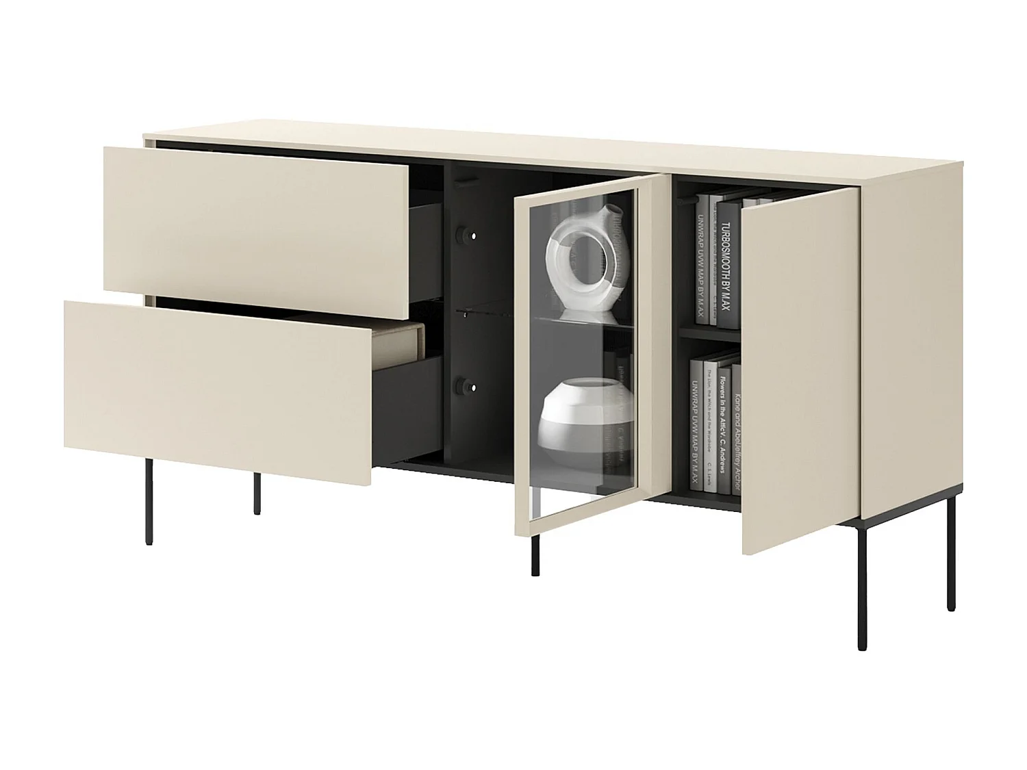 Buffet 1 porte vitrée avec éclairage LED et 2 tiroirs – crème – 166 cm – BELLEZO