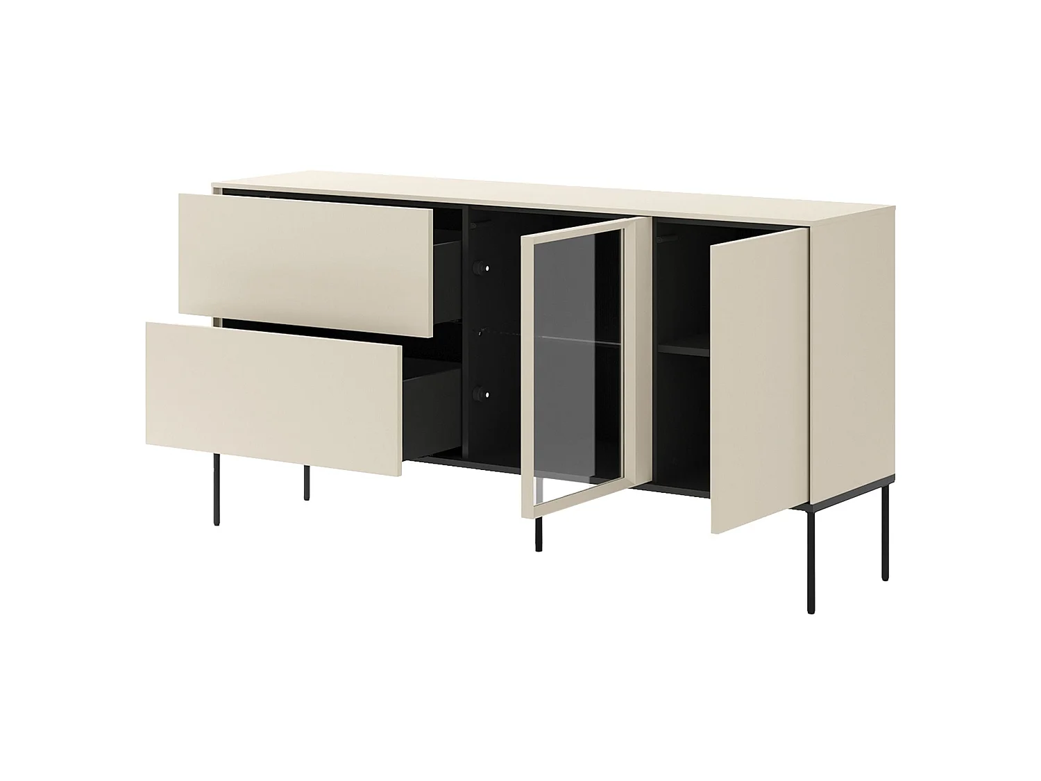Buffet 1 porte vitrée avec éclairage LED et 2 tiroirs – crème – 166 cm – BELLEZO