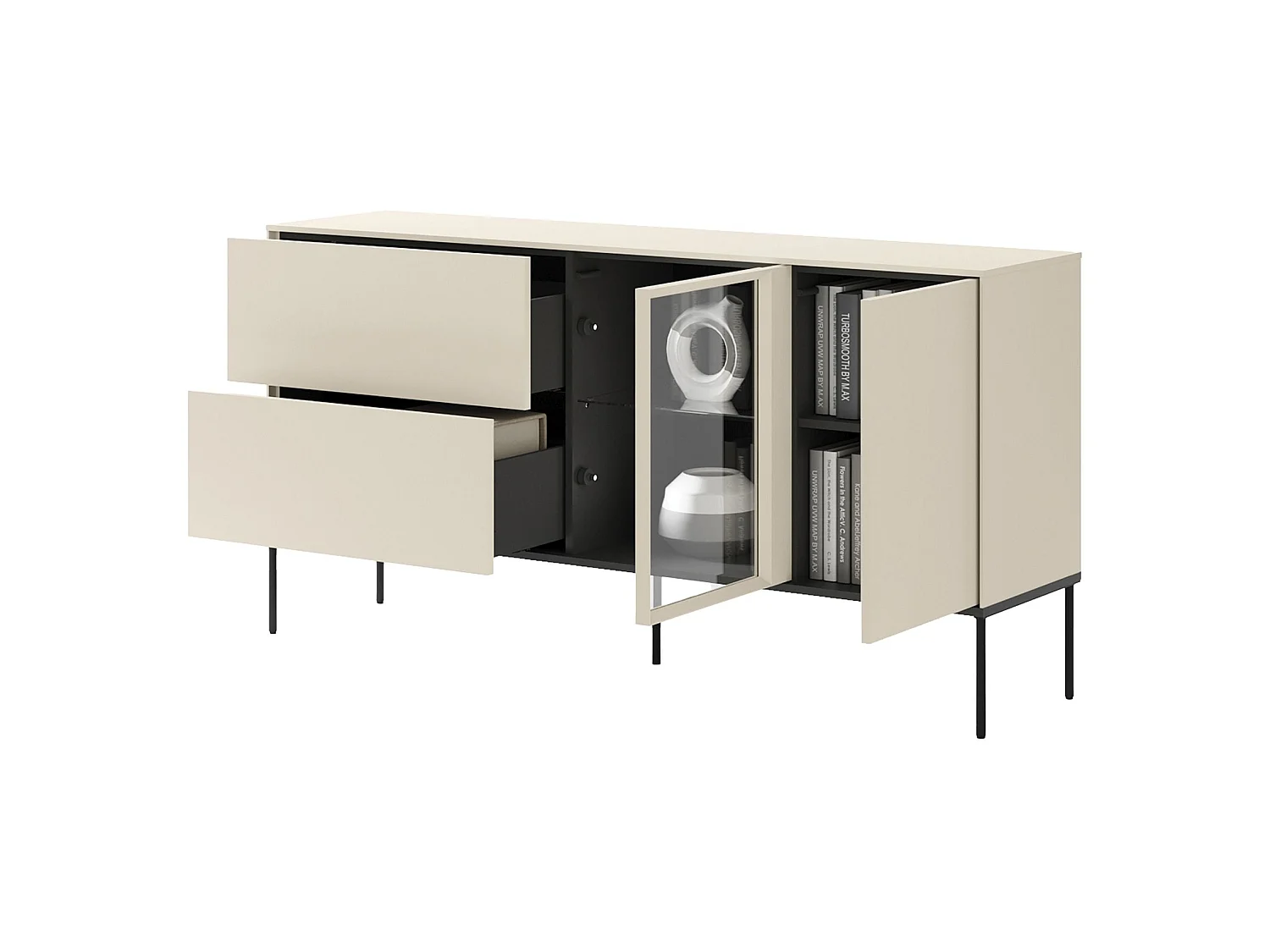 Buffet 1 porte vitrée avec éclairage LED et 2 tiroirs – crème – 166 cm – BELLEZO