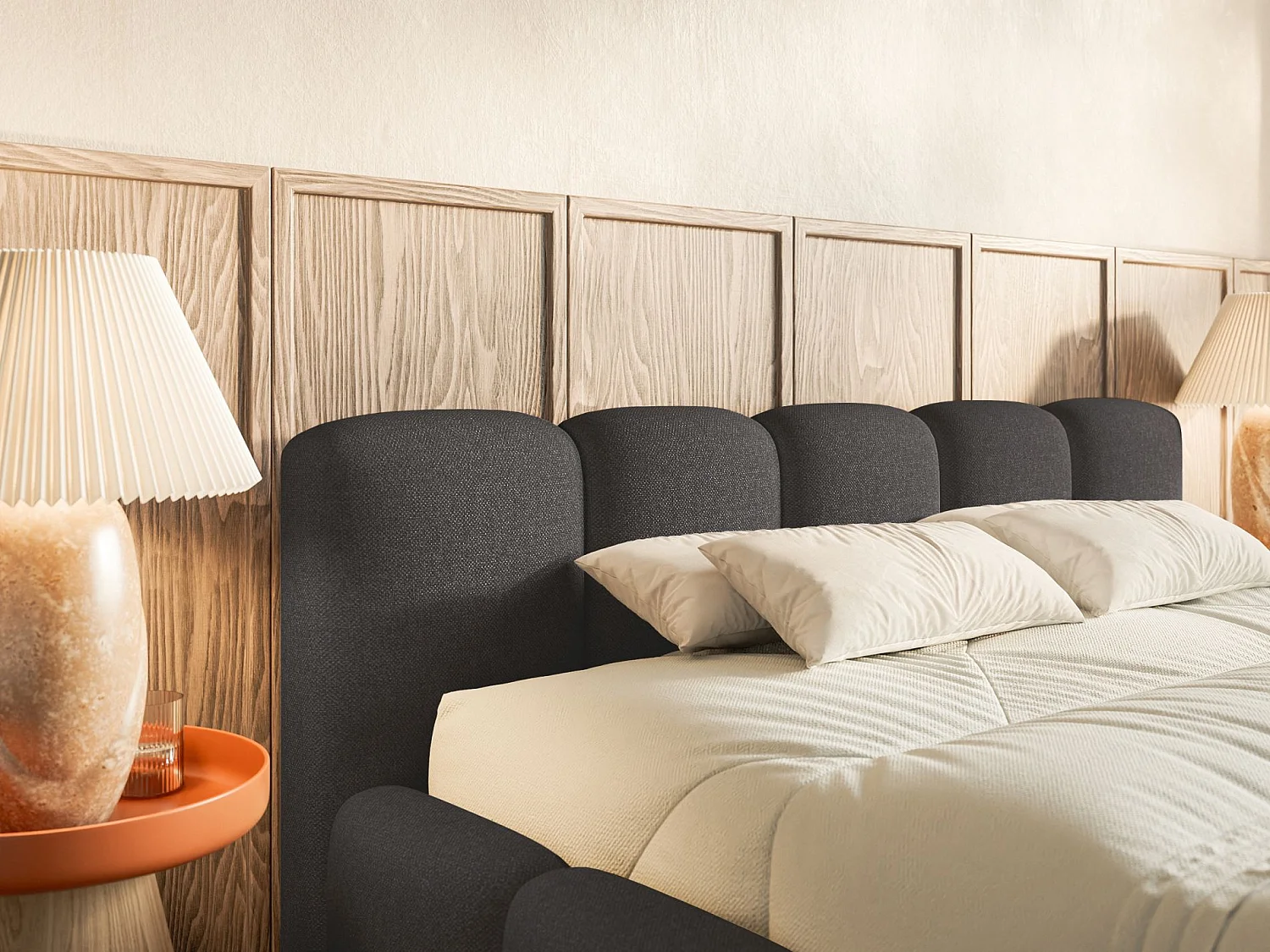 Lit coffre 180x200 avec coffre – sommier à lattes – chenille hydrophobe – gris graphite – CLOUDY LOW