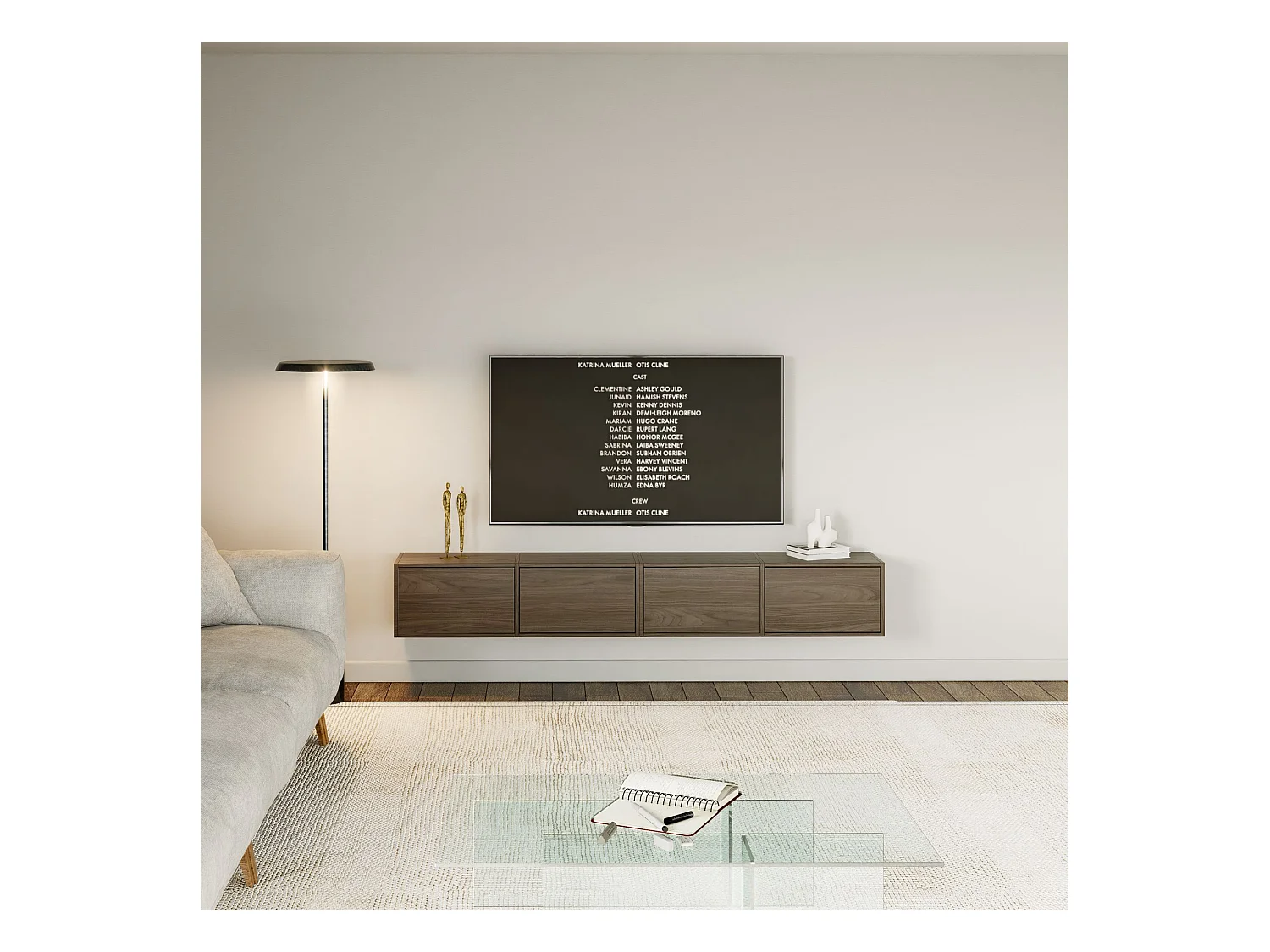 Meuble TV mural à 4 abattants – aspect bois noyer Wisconsin – 200 cm – FRAMME