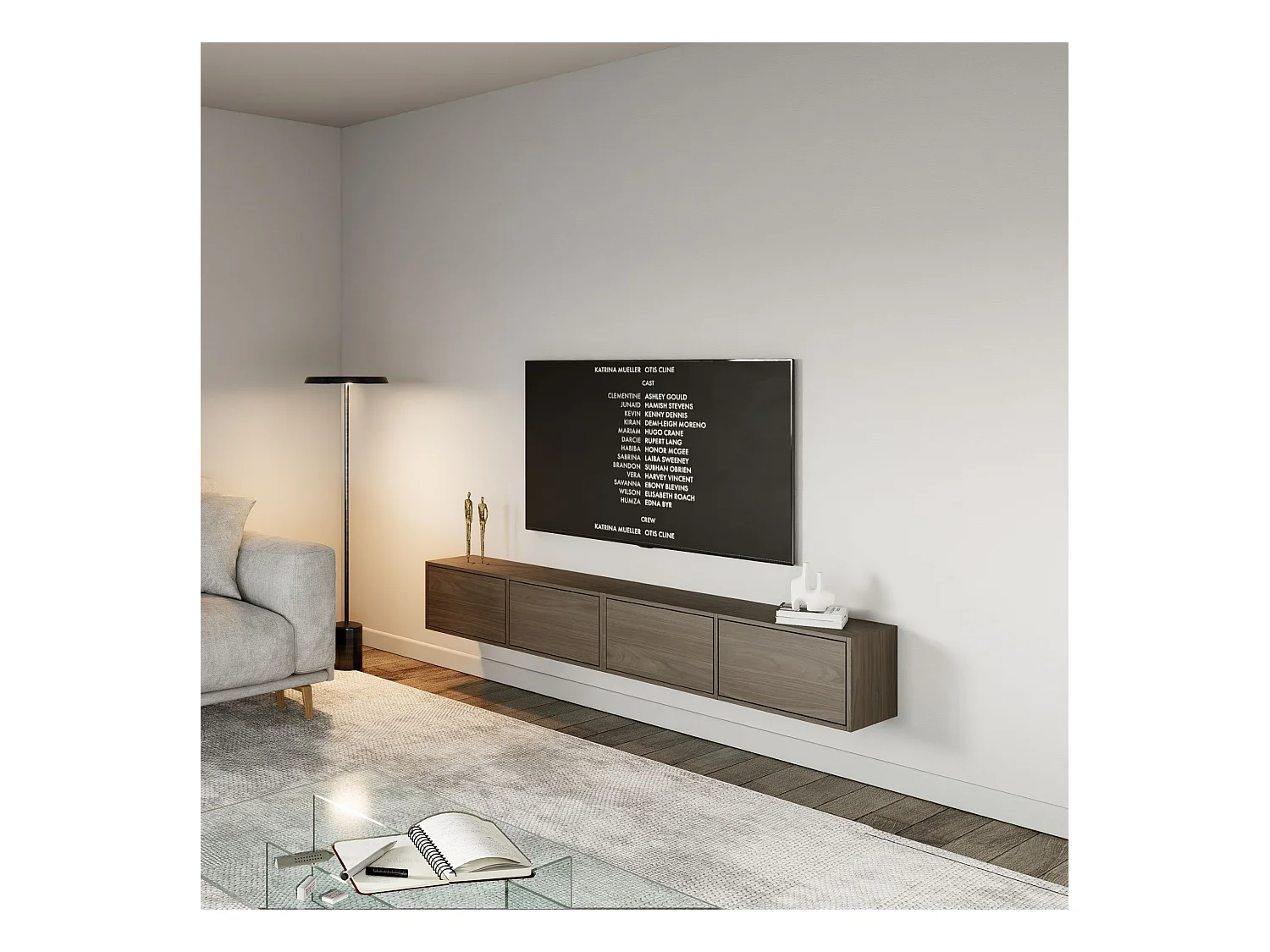 Meuble TV mural à 4 abattants – aspect bois noyer Wisconsin – 200 cm – FRAMME