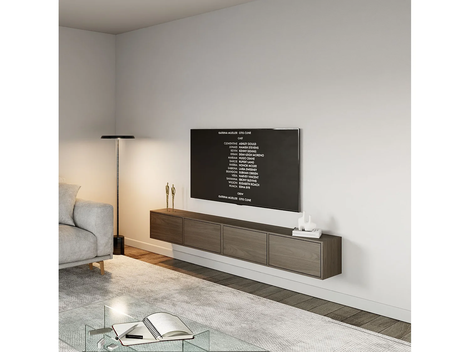 Hangend tv-meubel met 4 kleppen – 200 cm – houtlook walnoot Wisconsin – FRAMME