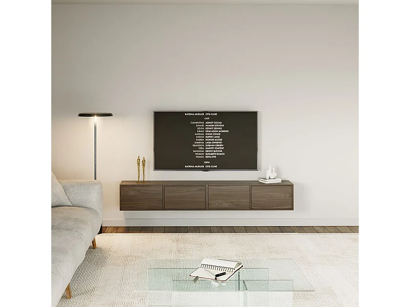 Meuble TV mural à 4 abattants – aspect bois noyer Wisconsin – 200 cm – FRAMME