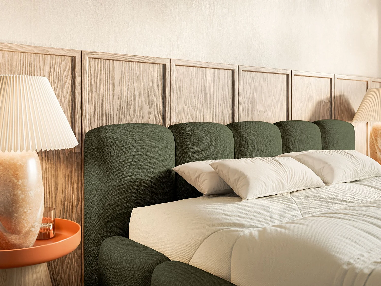 Lit coffre 160x200 avec coffre – sommier à lattes – chenille hydrophobe – vert olive – CLOUDY LOW