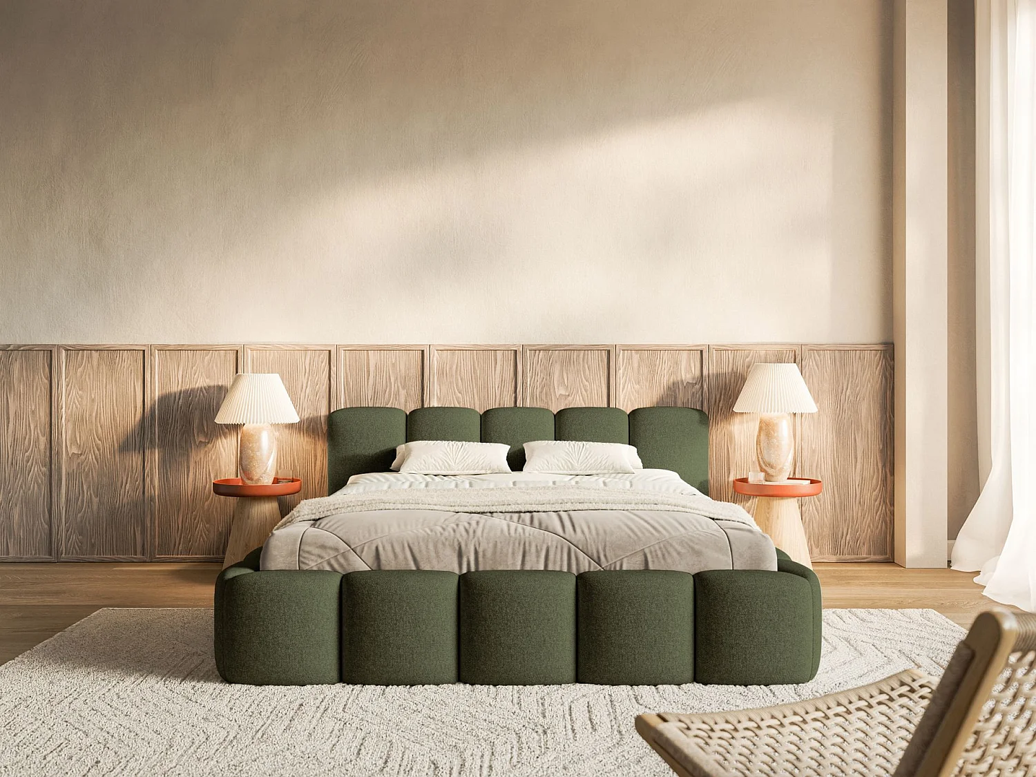 Lit coffre 160x200 avec coffre – sommier à lattes – chenille hydrophobe – vert olive – CLOUDY LOW